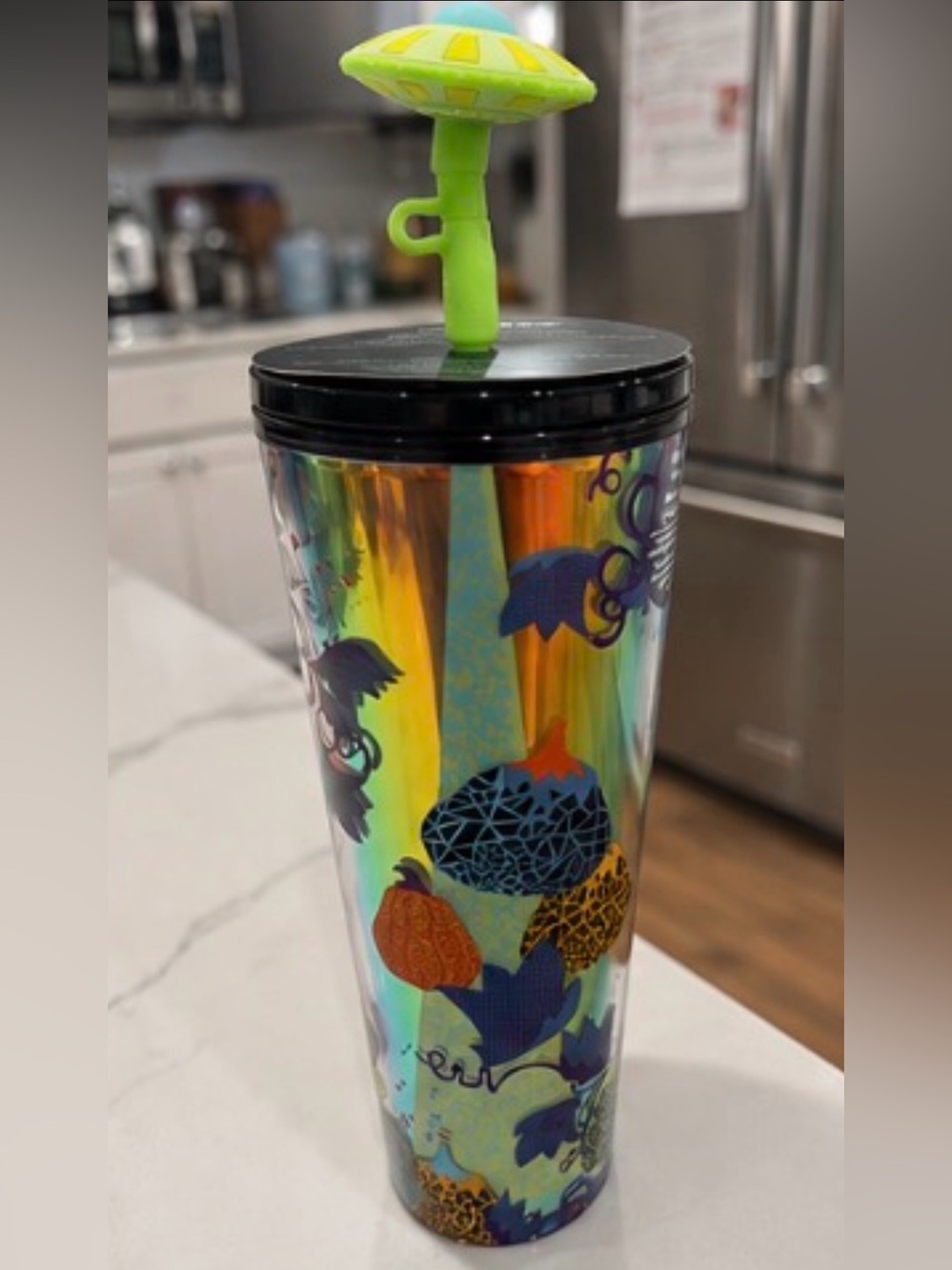 Starbucks Iridescent Pumpkin Travel Tumbler with Neon Green Straw Topper